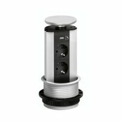 EVOline Port, Versenkbares Steckdosenelement, Mit 2 Schuko-Steckdosen + 1 USB/A-Buchse, Deckel Silberfarbig